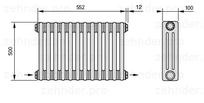 Схема (чертеж) Радиатор Zehnder Charleston 3050/12 №2670 Белый глянцевый RAL 9016